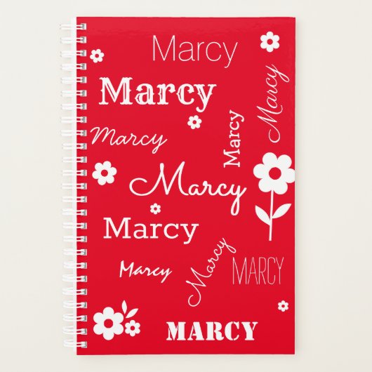 Rood met witte bloemen, aangepaste naamplanner planner (Voorkant)