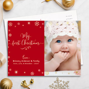 Rood Mijn eerste kerst Baby Foto Snowflakes Gold Folie Feestdagen Briefkaart