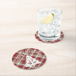 Rood, Mocha & Crème Plaid - Vrolijk Kerstfeest + B Ronde Kartonnen Onderzetter