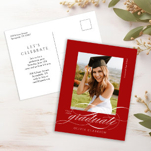 Rood Modern Elegant Script Photo Graduation Party Briefkaart