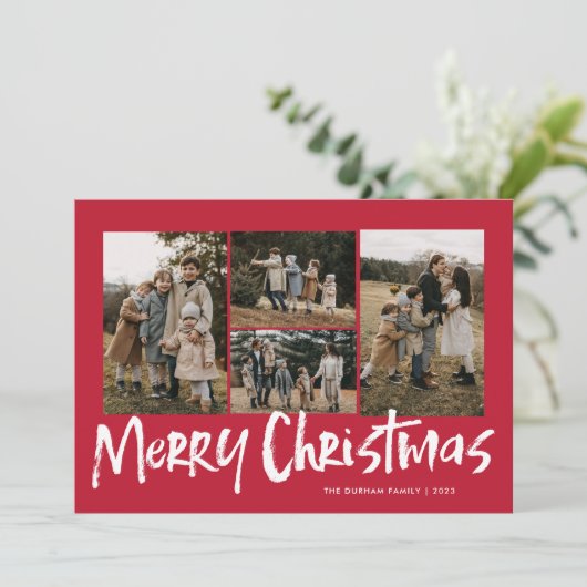 Rood Modern Lettering Vijf foto Vrolijk Kerstfeest Feestdagenkaart (Staand voorkant)