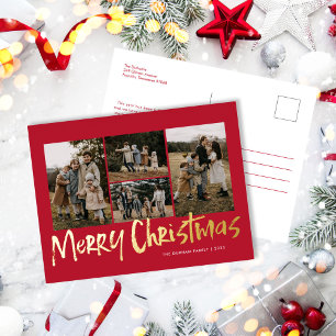 Rood Modern Lettering Vijf foto Vrolijk Kerstfeest Folie Feestdagen Briefkaart