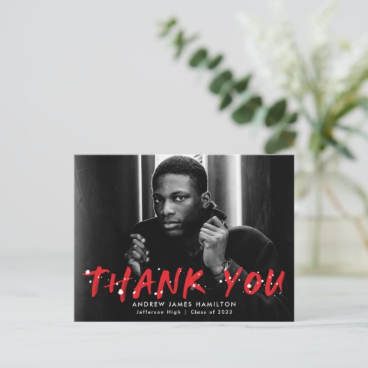 Rood | Modern Paint Splatter Foto bedankt Briefkaart (Staand voorkant)