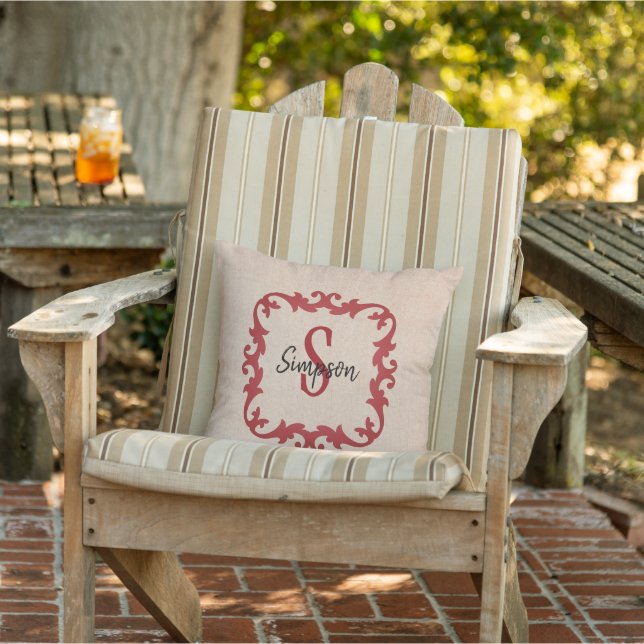 Rood Monogram met Burlap Print Kussen (Stoel)