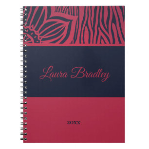 Rood & Navy Blauw Bloemen Zebra Linocut Naam & Jaa Notitieboek