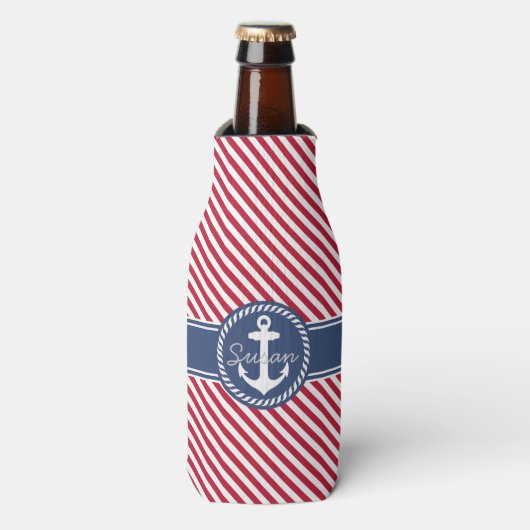 Rood & Navy Stripes Nautisch Anker Monogram Flesjeskoeler (Fles Voorkant)