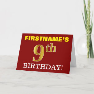 Rood, onecht goud "9e BIRTHDAY"-geboortedag Kaart