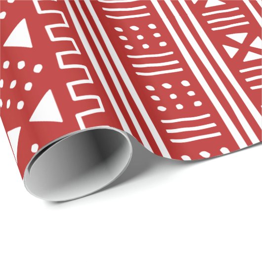 Rood op White African MudCloth Geïnspireerd Cadeaupapier (Rol Hoek)