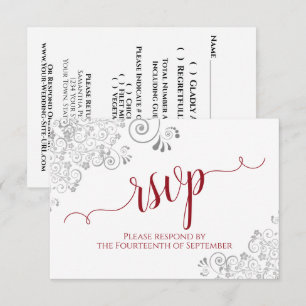 Rood op White Elegant Calligraphy Frilly Wedding RSVP Kaartje
