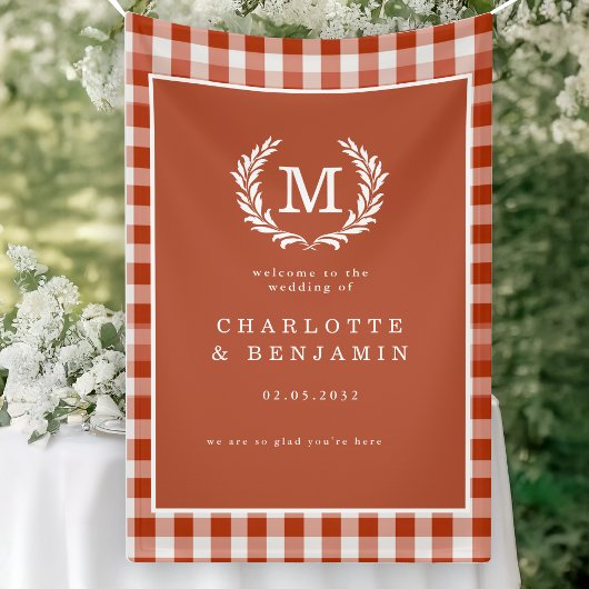 Rood-Oranje Gingham Monogram Crest Wedding Welkom Spandoek