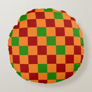 Rood Oranje Groen Geruit Patroonontwerp  Rond Kussen