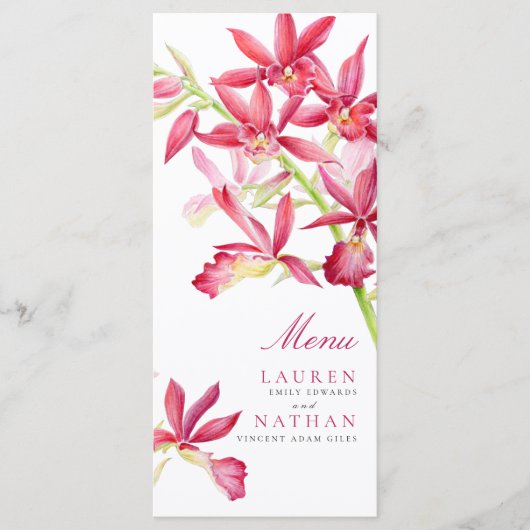 Rood orchidee bloemen waterverf trouwmenu menu (Voorkant)