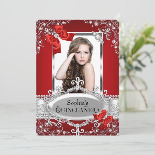 Rood pareltje en zijderoute Glamor Quinceanera Kaart (Staand voorkant)