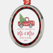 Rood penseelscript voor eerste kerstmis metalen ornament (Links)