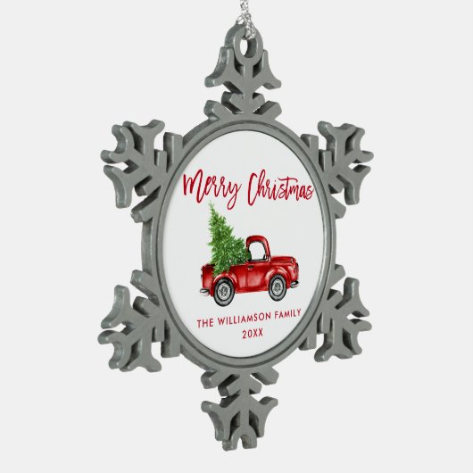 Rood penseelscript Waterverf  vrachtwagen Tin Sneeuwvlok Ornament (Links)