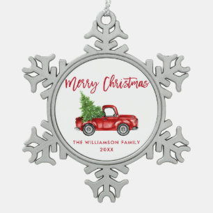 Rood penseelscript Waterverf vrachtwagen Tin Sneeuwvlok Ornament