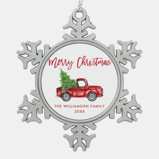 Rood penseelscript Waterverf  vrachtwagen Tin Sneeuwvlok Ornament (Voorkant)