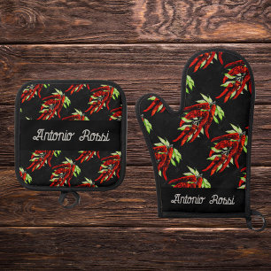 Rood Peper Patroon - naam Oven Mitt & Pot Hole Ovenwant & Pannenlap Set
