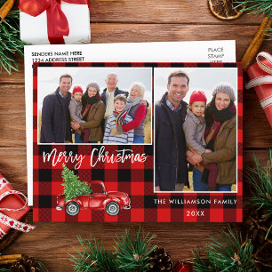 Rood Plaid Borstel Script Truck 2 Foto Kerstmis Briefkaart