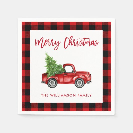 Rood Plaid Brush Script Christmas Truck Servet (Voorkant)