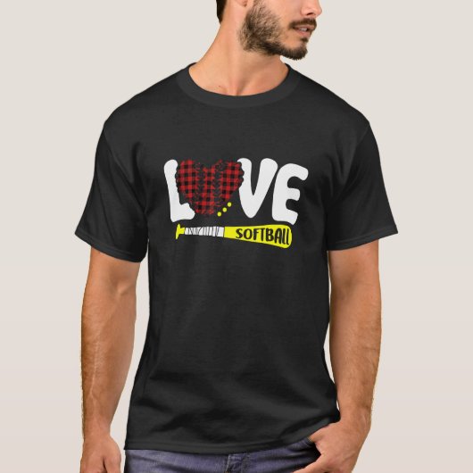 Rood Plaid Softball Graphic Love Gezegde Tekst Sof T-shirt (Voorkant)