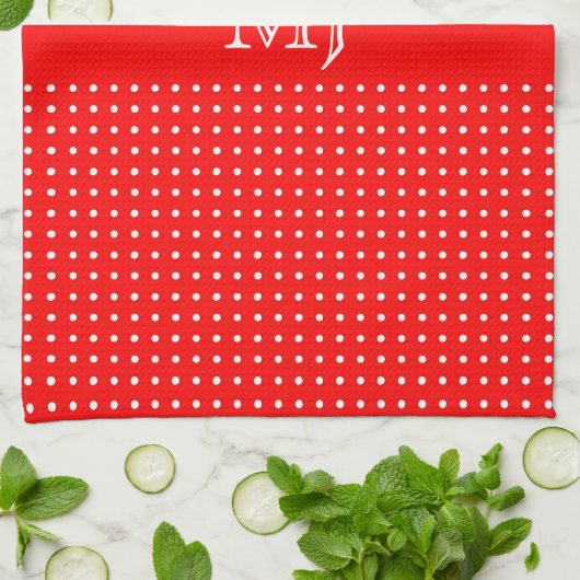 Rood polkadot patroon-monogram theedoek (Gevouwen)