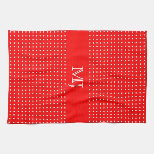 Rood polkadot patroon-monogram theedoek (Horizontaal)