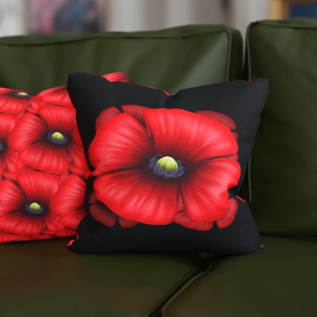 Rood Poppy Flower Pattern Zwart Sierkussen (Pop a poppy pillow on your sofa! This red and black modern floral pillow is double sided.)