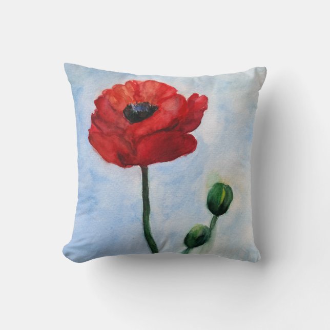 Rood Poppy Flower Waterverf Gooi Kussen (Voorkant)