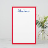 Rood Rand Monogram Sjabloon Blauw Wit Briefpapier (Staand voorkant)