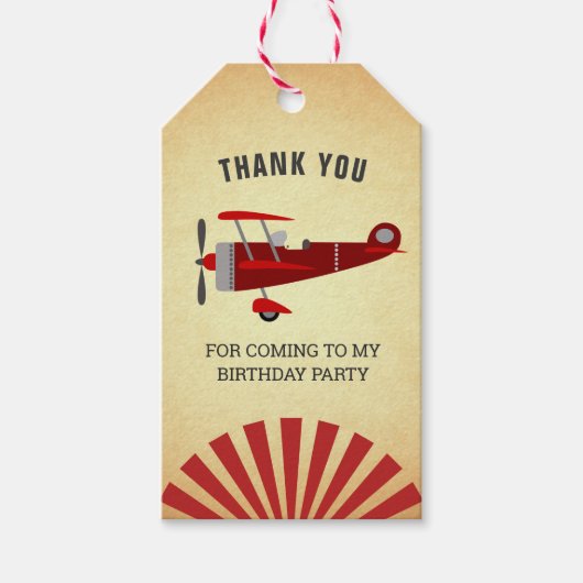  rood retro vliegtuig verjaardagsfeestje gunst cadeaulabel (Voorkant)