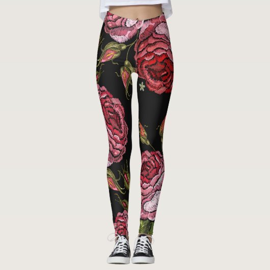  rood roos borduurpatroon leggings (Voorkant)