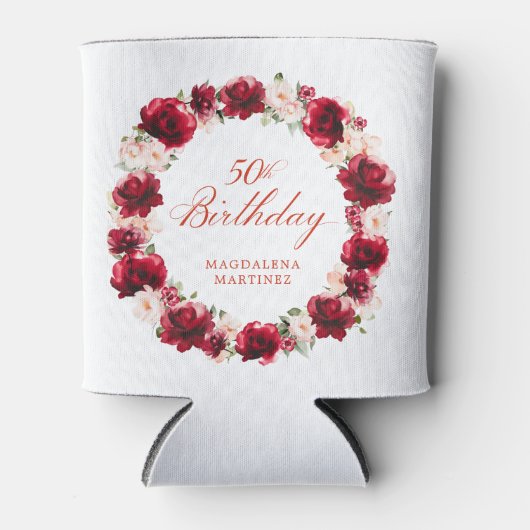 Rood Roze Bloemen 50ste Verjaardag gepersonaliseer Blikjeskoeler (Voorkant)
