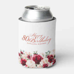 Rood Roze Bloemen 80ste Verjaardag gepersonaliseer Blikjeskoeler