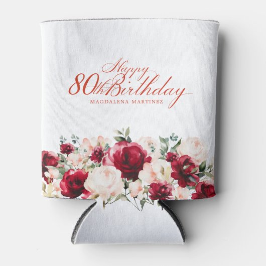 Rood Roze Bloemen 80ste Verjaardag gepersonaliseer Blikjeskoeler (Voorkant)