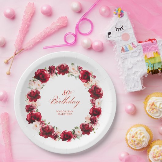 Rood Roze Bloemen Gepersonaliseerd 80ste Verjaarda Papieren Bordje (Feest)