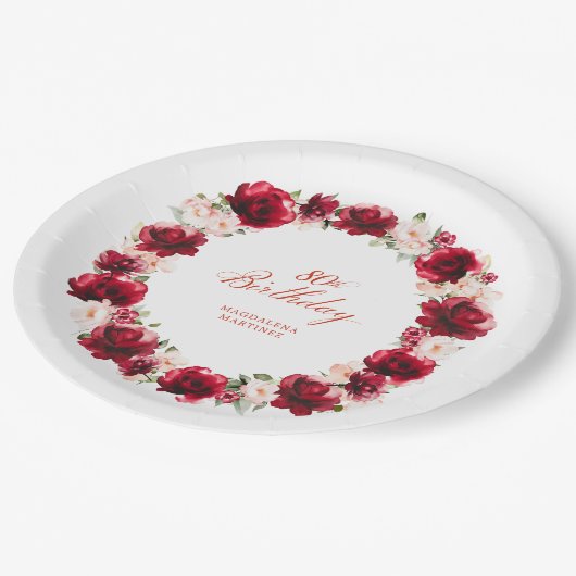 Rood Roze Bloemen Gepersonaliseerd 80ste Verjaarda Papieren Bordje (Gekanteld)