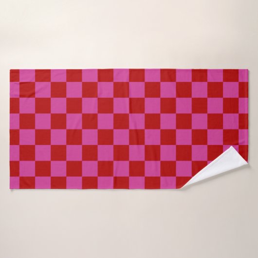 Rood + Roze Check Checkerboard Patroon Badhanddoek (Badhanddoek)