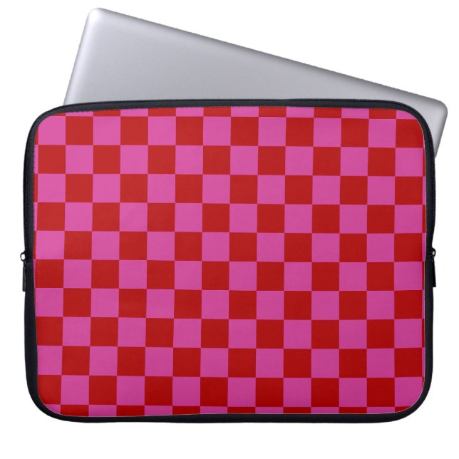 Rood + Roze Check Checkerboard Patroon Laptop Sleeve (Voorkant)