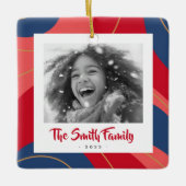 Rood roze donkerblauw retro kerstfoto keramisch ornament (Voorkant)