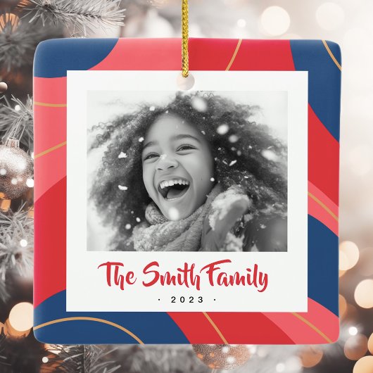 Rood roze donkerblauw retro kerstfoto keramisch ornament