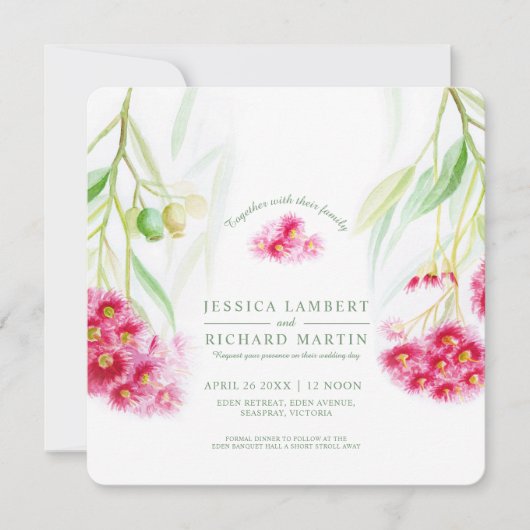 Rood roze eucalyptus gumnut waterverf bruiloft kaart (Voorkant)