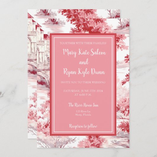 Rood Roze Frans Toile Bruiloft Uitnodiging (Voorkant / Achterkant)
