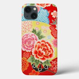 Rood Roze Geel Japans Kimono Bloemen iPhone 13 Hoesje