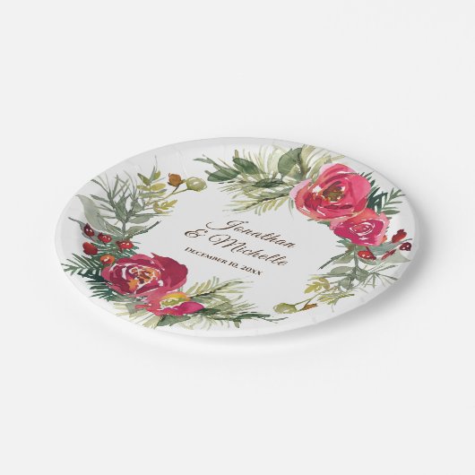 Rood Roze Groen Bloemen Kerstmis Krans Bruiloft Papieren Bordje (Gekanteld)