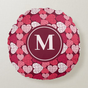 Rood & Roze Legpuzzel Hart Patroon Monogram Rond Kussen