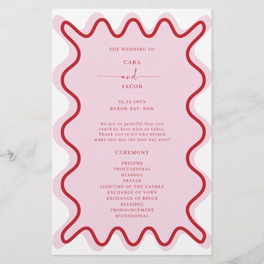 Rood Roze Levendige Wavy Border Ceremonie Programm (Voorkant)