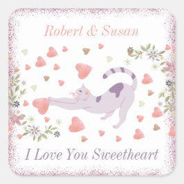 Rood Roze Modern Schattige Kattenharten Valentijns Vierkante Sticker