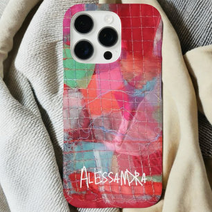 Rood roze monogram naam abstract patroon iPhone 16 pro hoesje