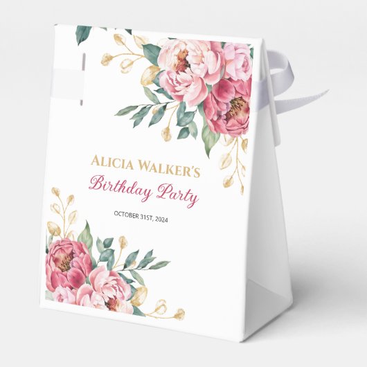 Rood Roze Pioen Goud Blad Groen Verjaardag Bedankdoosjes (Achterkant)